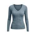 thumbnail image 6 of Womens Ribbed Knit Long Sleeve Tops V Neck Slim Fit Solid Color Soft Stretchy Lightweight Breathable Casual Basic Trendy Comfortable Fall Winter Pullover Tops, 6 of 8