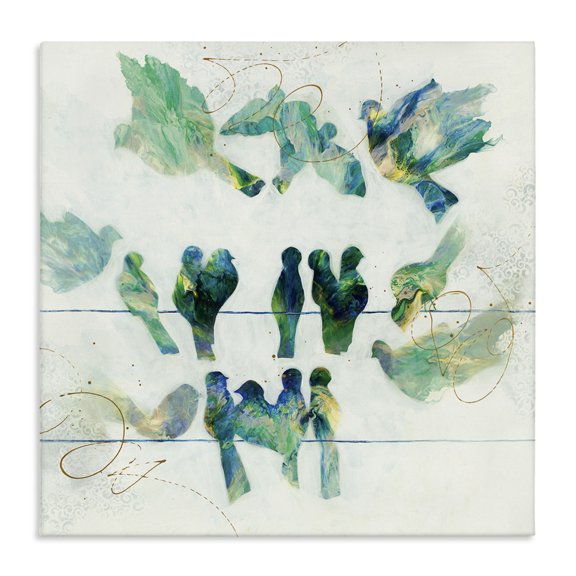 Stupell Industries Eclectic Birds on Clothes Line Swirling Blue Green Pattern Canvas Art, 17 x 17, by Ruth Fromstein