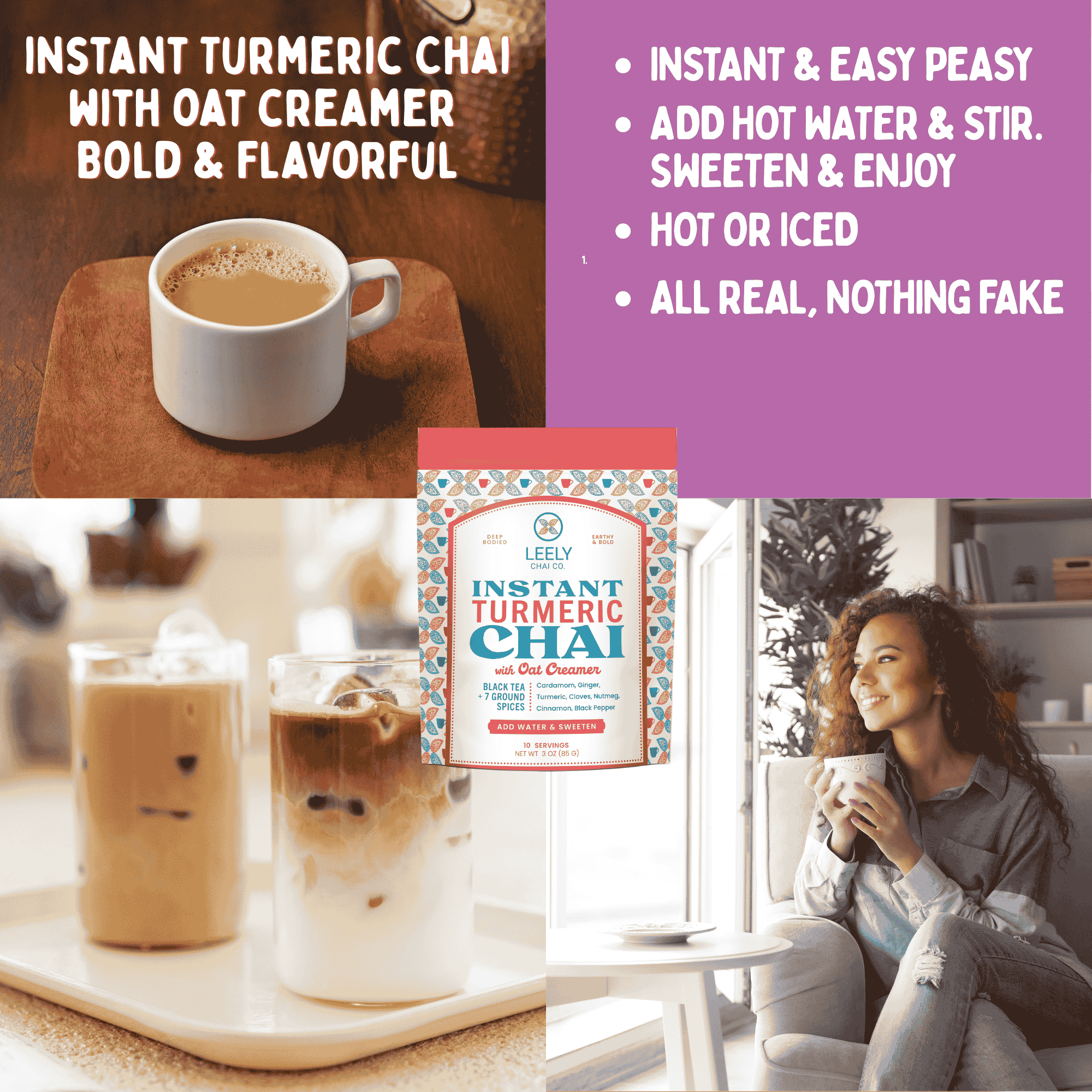 Leely Instant Turmeric Ginger Chai Latte with Oat Creamer - 6oz - Just Add Hot Water, No Steeping, Dissolves Instantly, Creamy Turmeric Ginger Drink Anytime