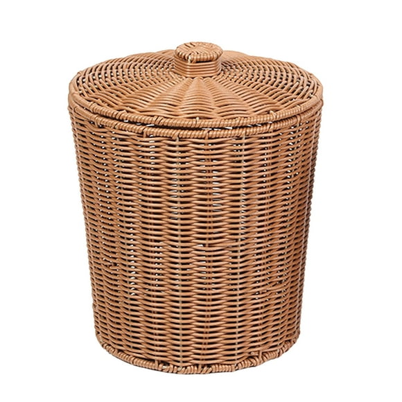 Basket with Lid Desktop Sundries Organizer Round Handwoven Wicker Trash Basket for Desktop Bathroom Bedroom Patio Toys 20x25cm