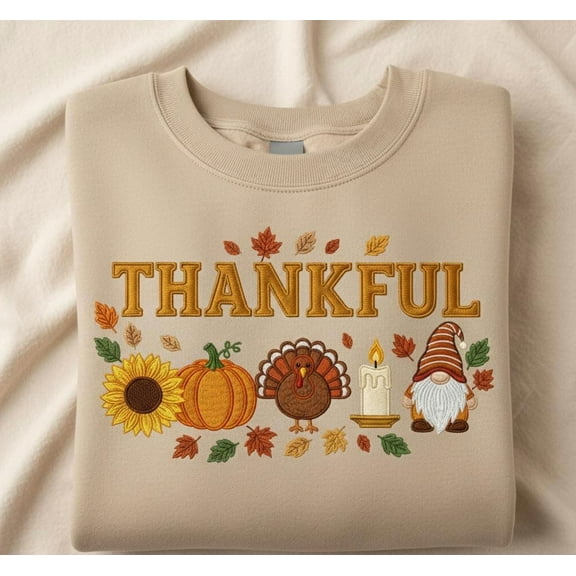 Thankful Embroidered Sweatshirt, Thanksgiving Turkey Pumpkin Shirt, Fall Gnome Autumn Leaves Cozy Gift Crewneck