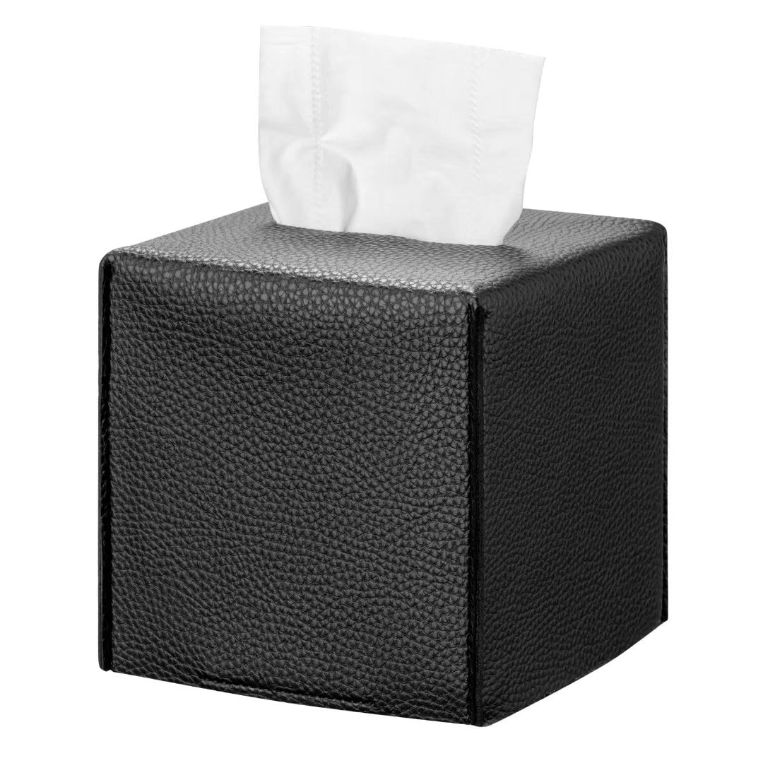 KEEPJOY Square Tissue Box Cover,Black Pu Leather Tissue Box Holder with