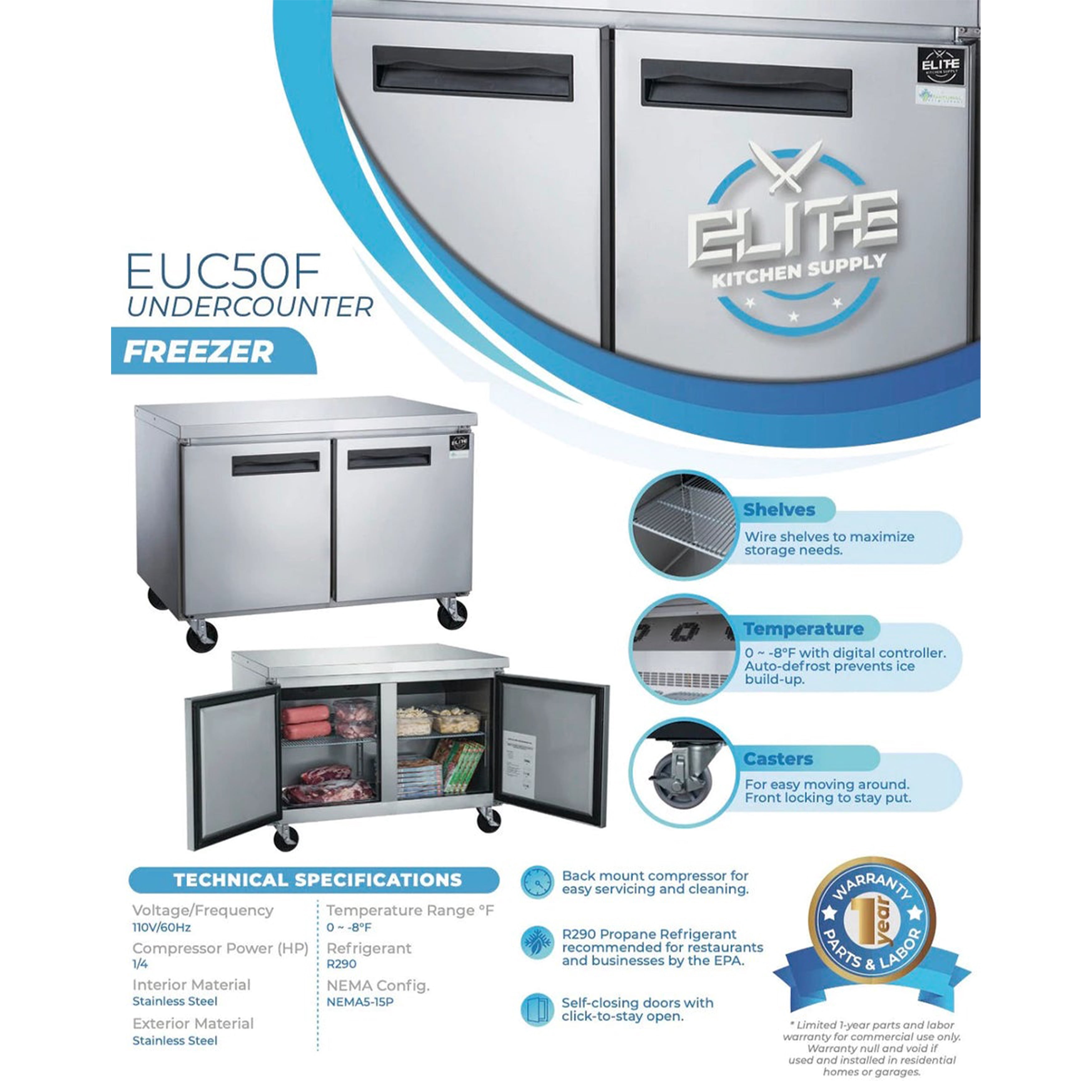 48 in. Two-Door Undercounter Freezer 12.2 Cu.Ft. Worktop Commercial Freezer, NSF Certified