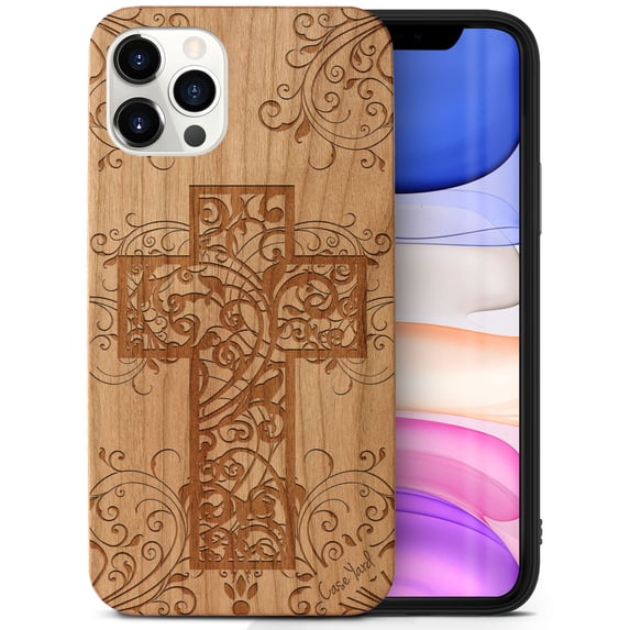 Case Yard Wooden Case Outside Soft TPU Silicone, Slim Fit Shockproof Wood Protective Phone Cover for Girls Boys Men and Women, Supports Wireless Charging Cross Floral Design case for iPhone-12/12-Pro