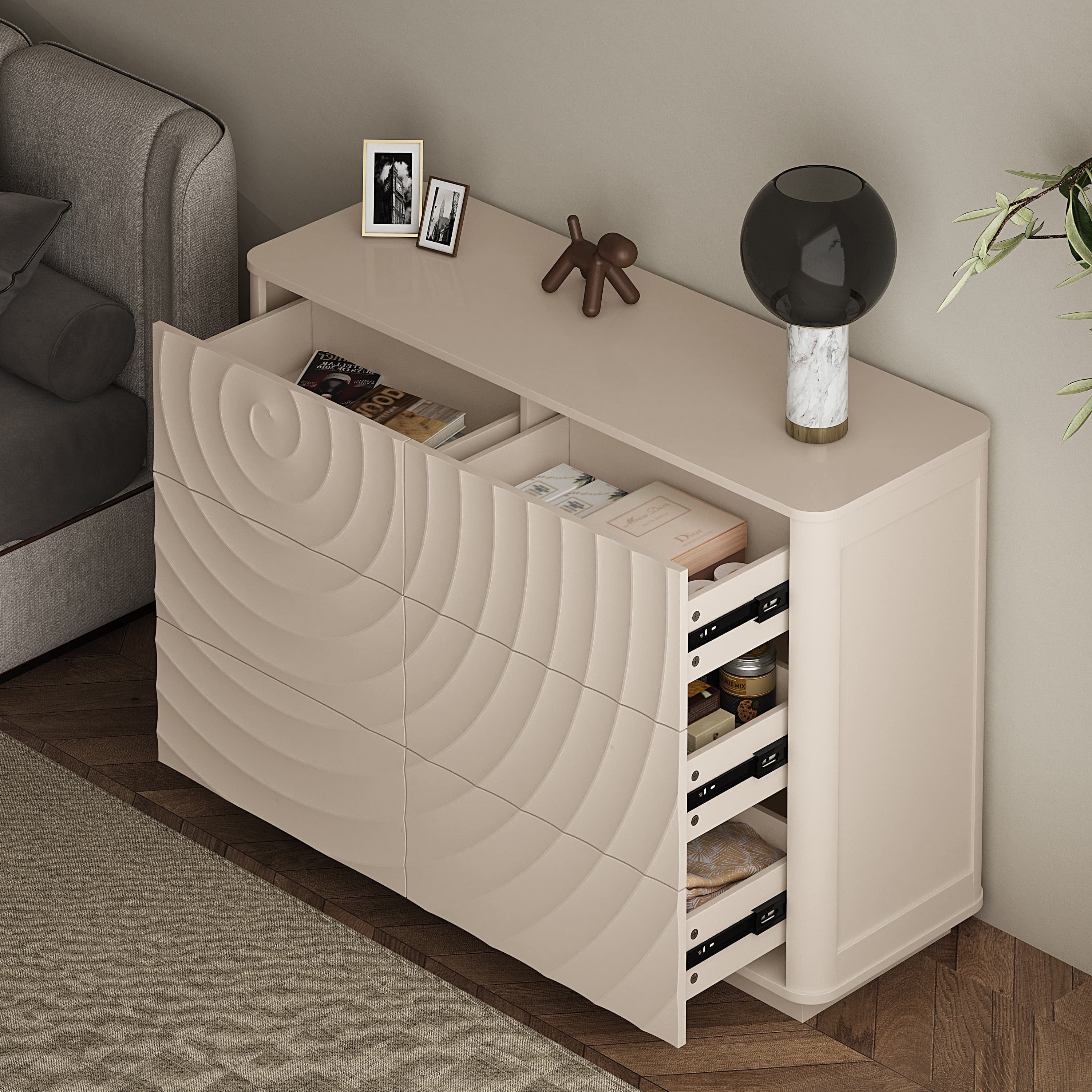 Aukfa 6 Drawer Dresser with 3D Wave Front Design, Modern Wood Double Dresser, Wide Chest of Drawers with Anti-Tip Kit for Bedroom,Off White