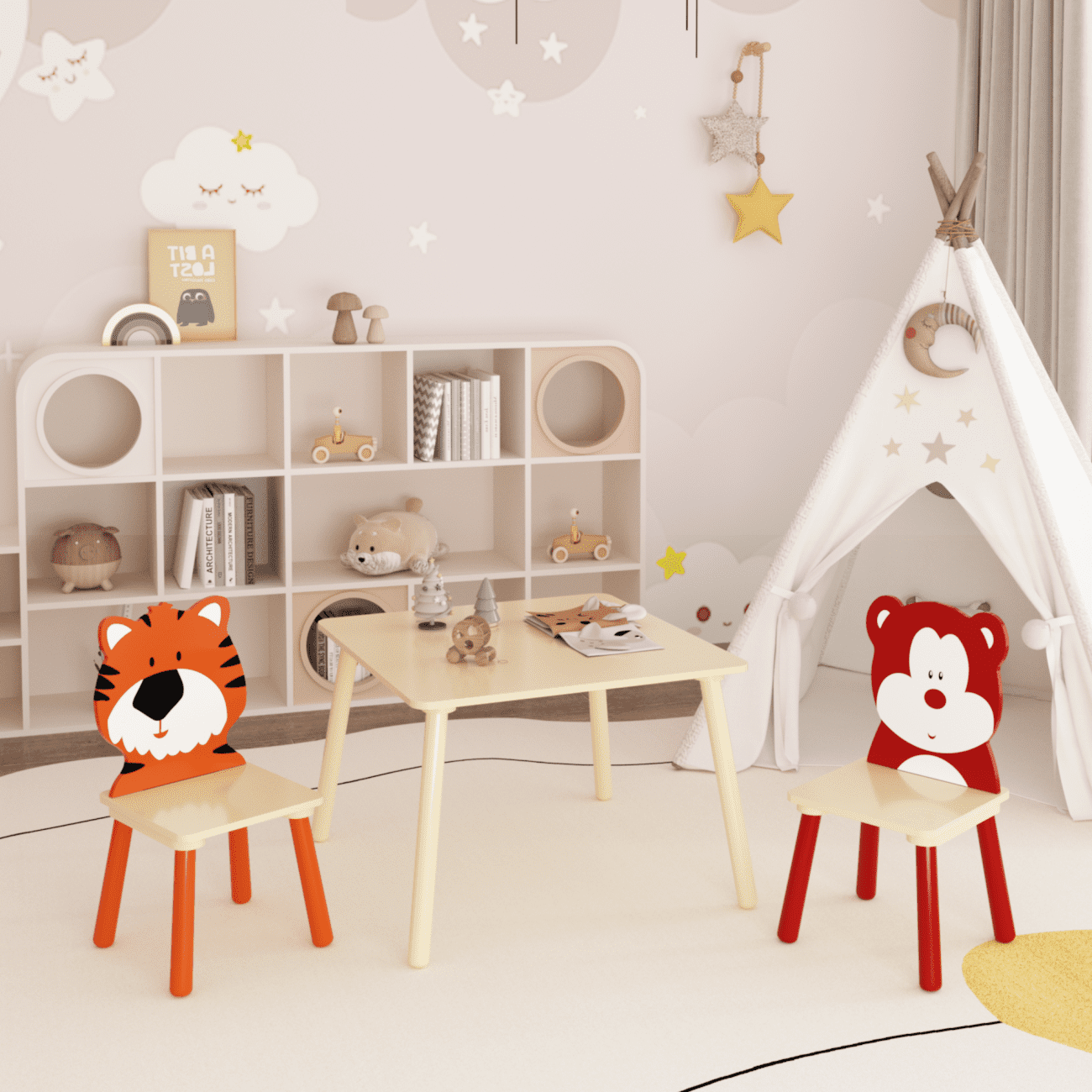 3-Piece Kids Table and 2 Chairs Set, Wooden Activity Play Set with Adorable Animal Prints, Solid Wood+MDF, 23.6" Square Table, Easy Assembly, for Toddlers' Art, Reading and Snack Time