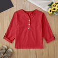 thumbnail image 2 of Jinhomg Summer Shirts for Kids Casual Long Sleeve Cotton Linen Tees Loose Fit Comfy Button Up Lounge Tops Boys Girls Everyday Wear Red 150, 2 of 5