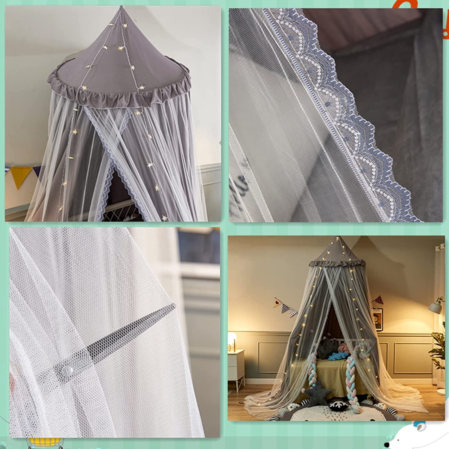 Bed Canopy Double Layer Princess Round Dome Dreamy Mosquito Net Bedding Girls Room Castle Play Tent Hanging House Decor Reading Nook Canopies(Gray/White)