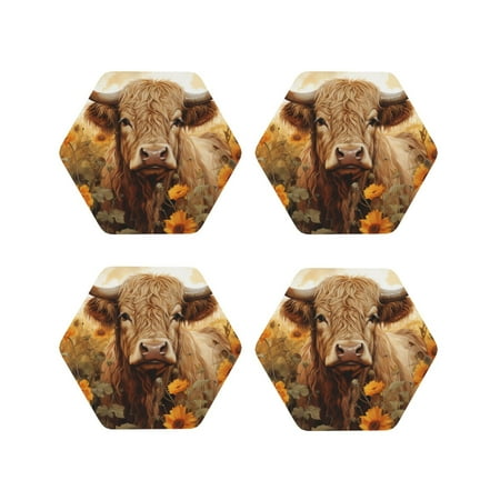 

Drink Coasters Set of 4 Vintage Sunflower Cow Leather Coasters for Coffee Table Protector Heat Resistant Cute Coasters for Home Decor Housewarming Gifts Bar Kitchen 4 Inch Hexagon