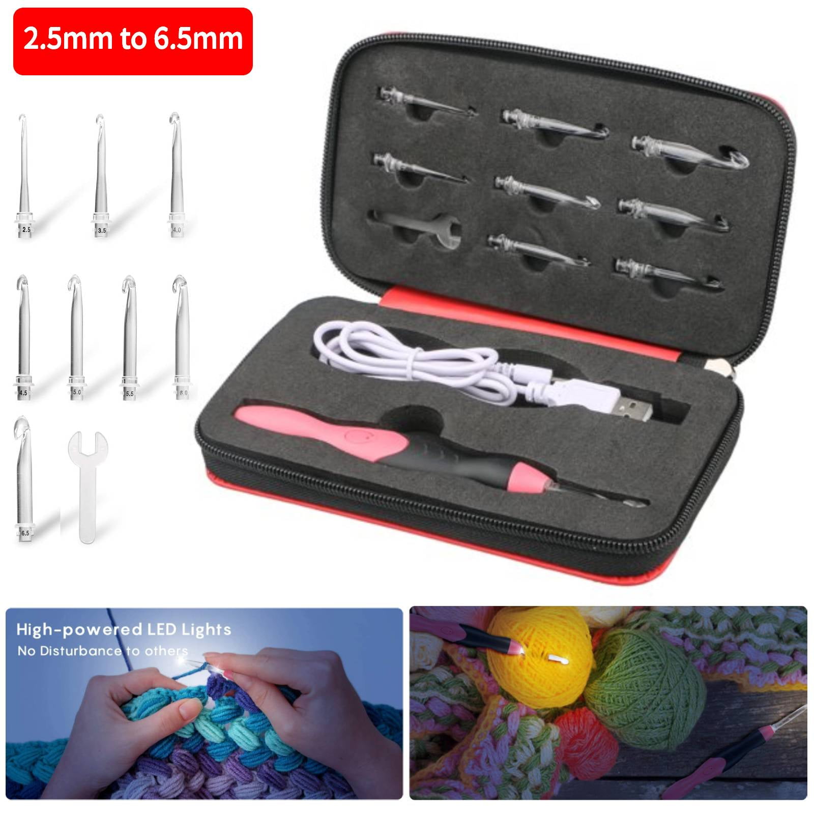 9 in 1 USB Rechargeable LED Light Up Weave Crochet Hook Set Kit With 9 Heads