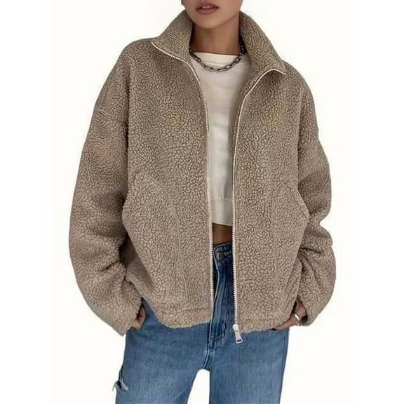 Women Winter Fleece Jacket Trendy Long Sleeve Zip Up Cropped Warm Coat Fall Fashion Workout Clothes Khaki S