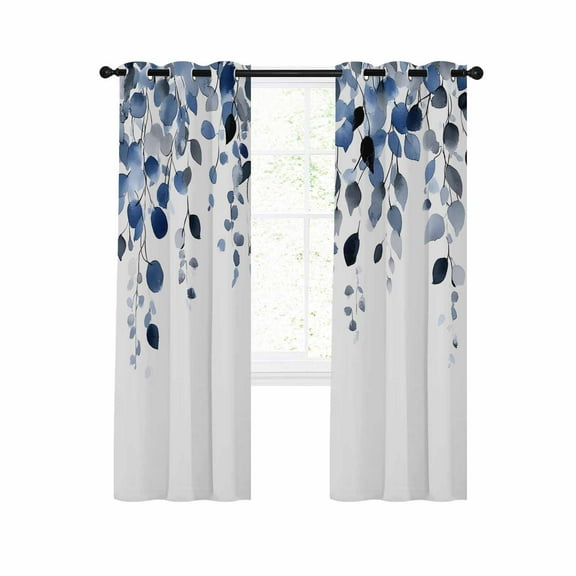 Navy Blue Eucalyptus Leaves Blackout Curtains 54 Inches Long for Bedroom, Watercolor Summer Botanical Thermal Insulated Room Darkening Black Out Window Curtain Panels Grommet Drapes for Living Room