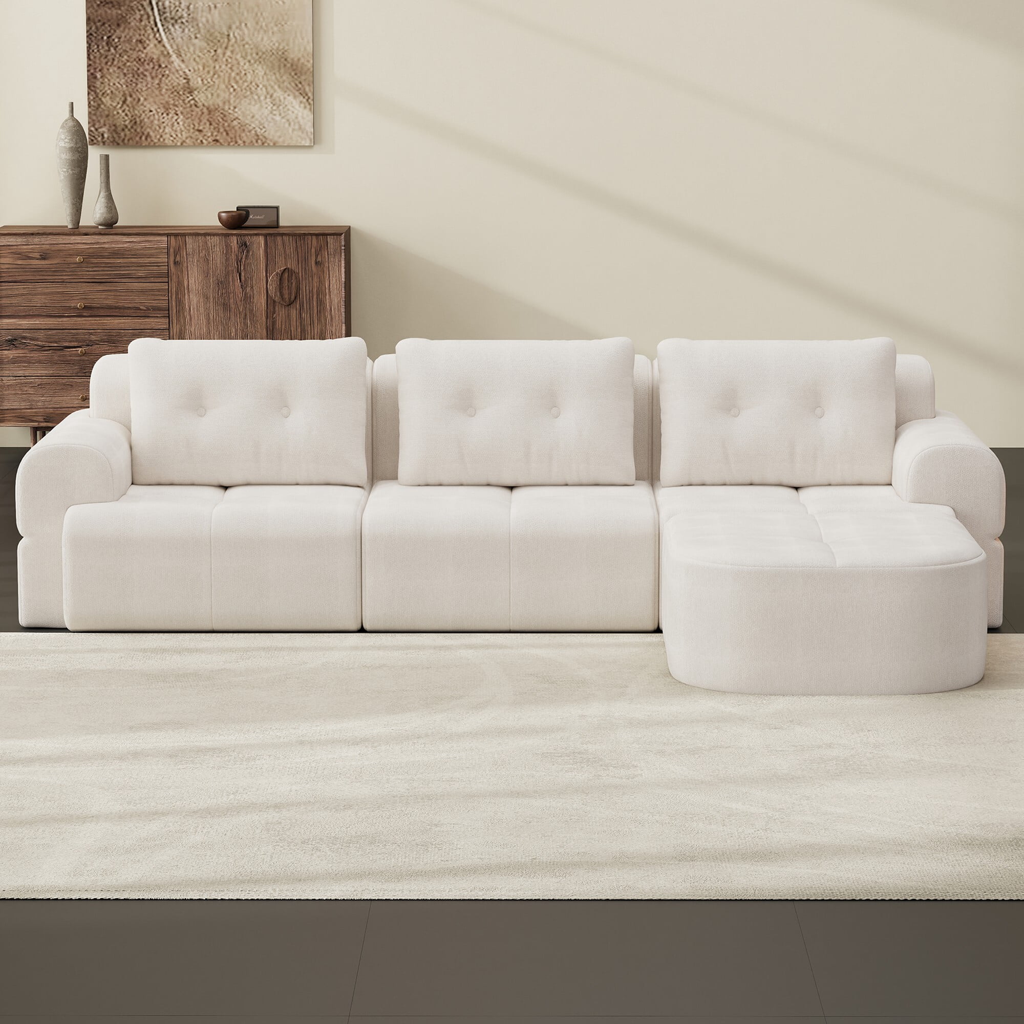 DEALTOPS 112" Modular Sectional Sofa with Ottoman, Full-Foam 3-Seat Convertible Chenille Cloud Couch, Beige