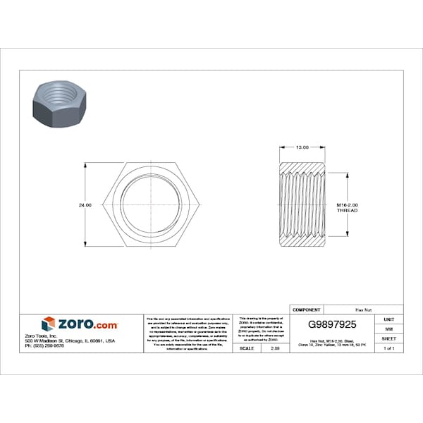 Hex Nut, M16-2.00, Steel, Class 10, Zinc Yellow, 13 mm Ht, 50 PK M04122.160.0001