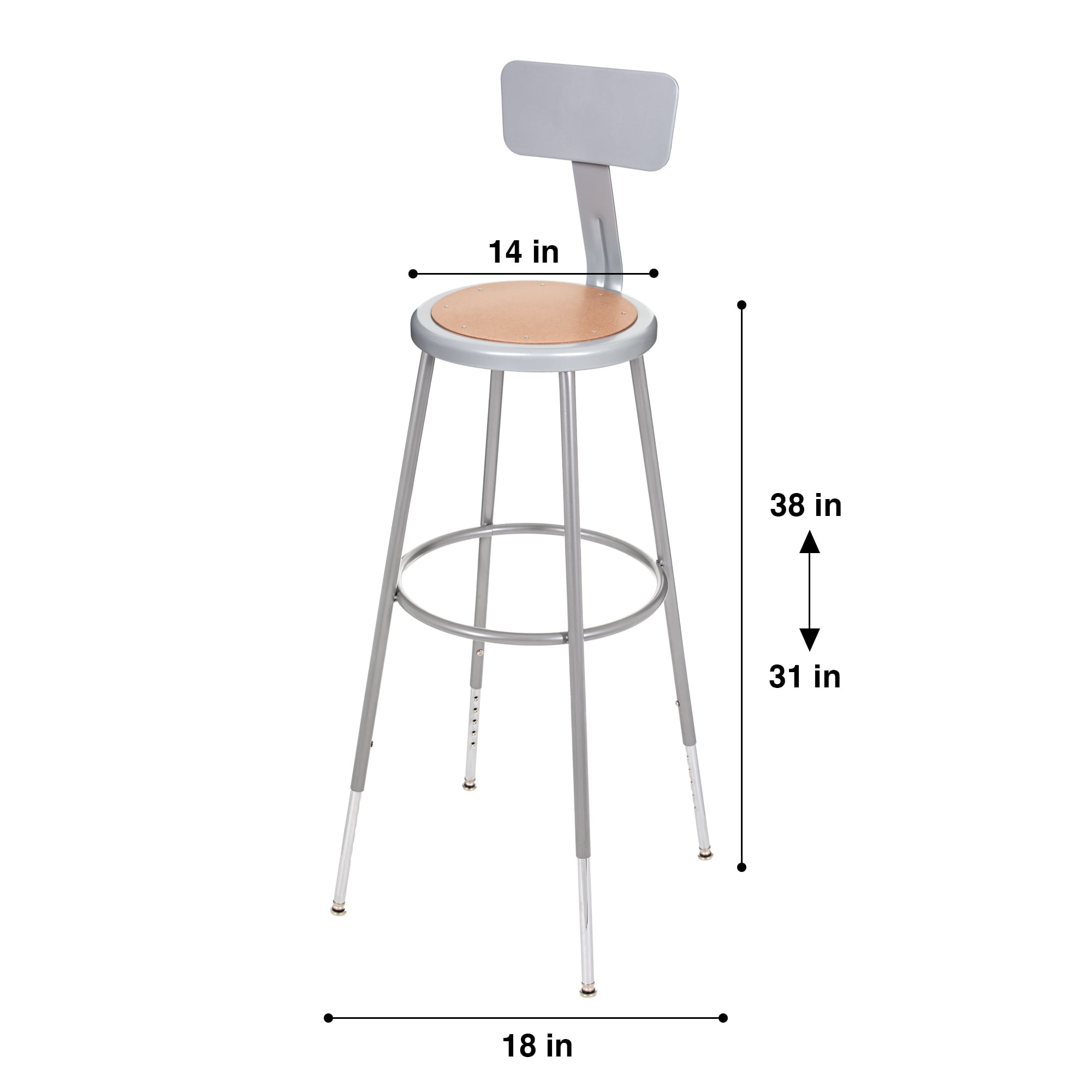 Hampden Furnishings Flynn 32"-39"H Adjustable Masonite/Steel Stool with Backrest, Grey, 2 PK