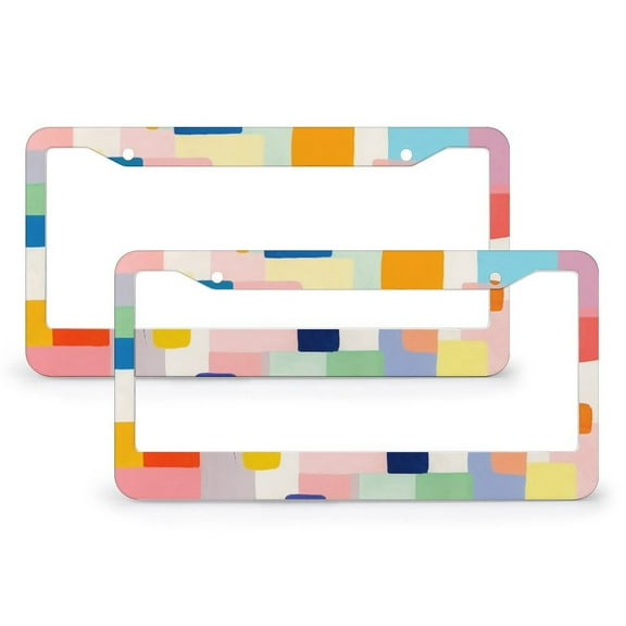 2 PCS Colorful Rainbow Of Squares License Plate Frame Boho Tribal Geometric License Plate Frames Cover Holders Aluminum 2 Holes Car Accessories US Canada Standard