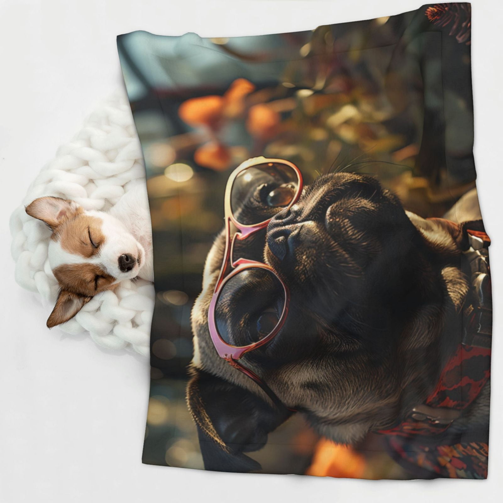 Naloa Pug Wearing Sunglasses Flowers Dog Blanket, 3 Sizes Cat Blanket for Indoor Cats Large Medium Small Dog Gifts-Large