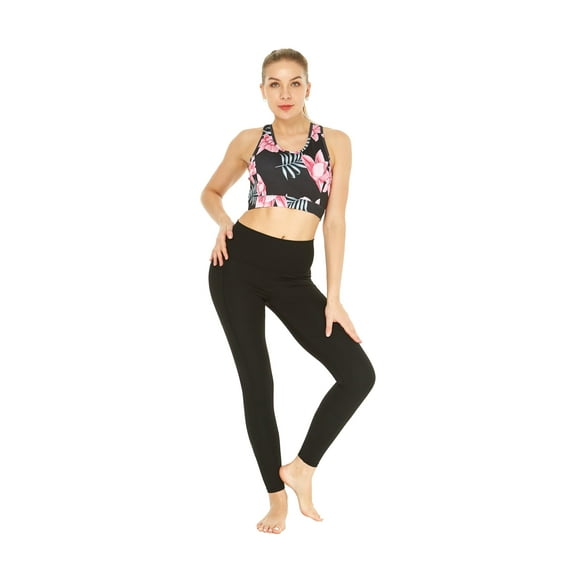 Women's Athletic Sportswear Patterned Bra Top and Solid Legging Set in Lotus and Orchid Black Medium