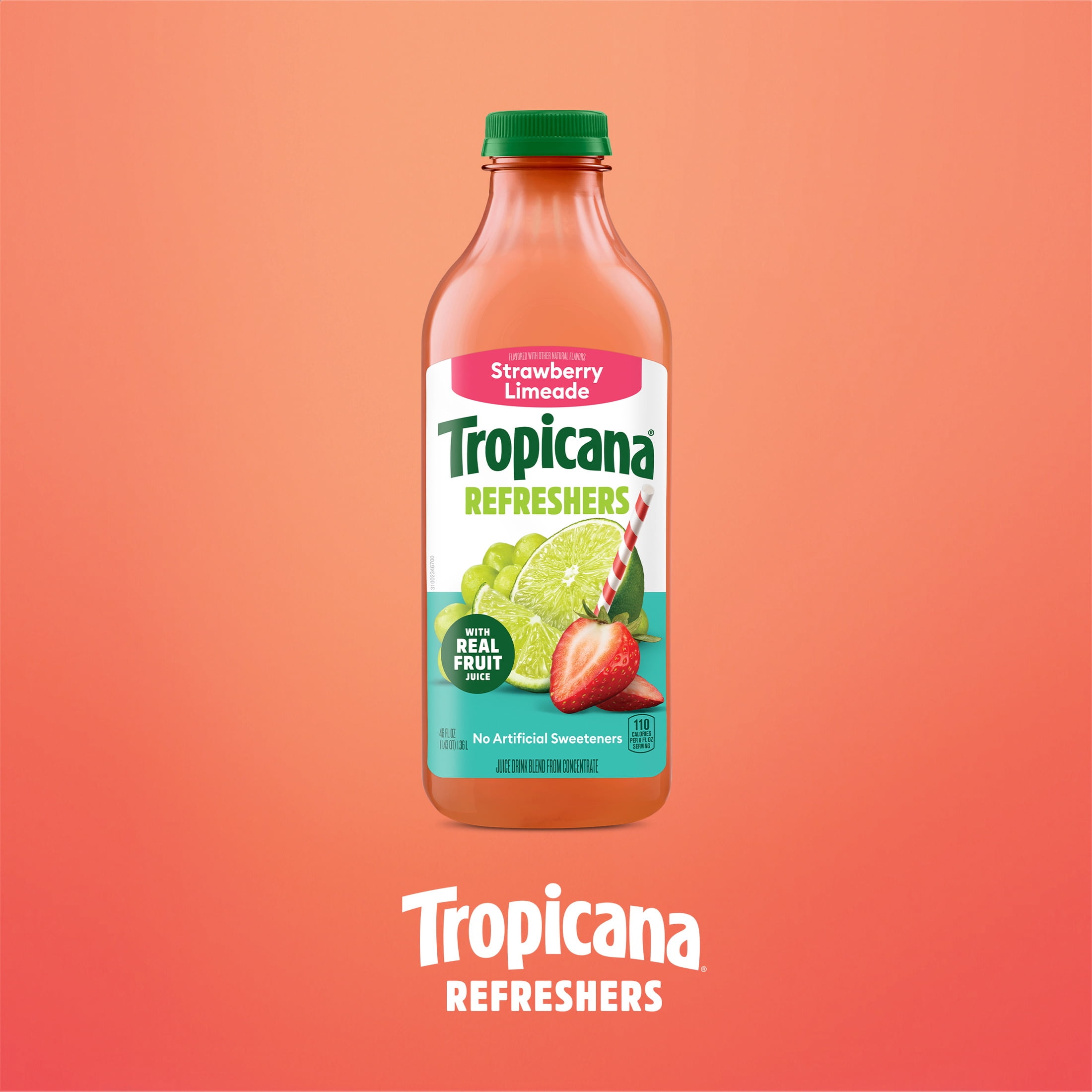 Tropicana Refreshers Strawberry Limeade, with Real Fruit Juice, 46 fl oz Bottle