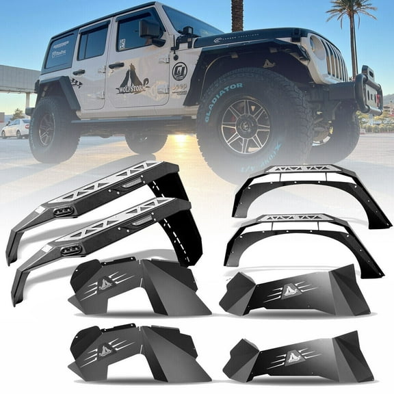 8PCS JEEP Front Rear Fender Flares Inner Fender Liners For 2007-2018 Jeep Wrangler JK 2DR & 4DR Black Powder Coated Steel