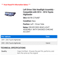 thumbnail image 2 of Left Driver Side Headlight Assembly - Compatible with 2014 - 2016 Toyota Highlander 2015, 2 of 2