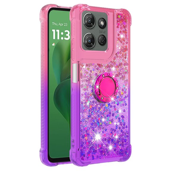 Phone Case for MOTO G Play 5G 2025/G Power 5G 2025 with Ring Kickstand, Cute Glitter Bling Sparkle Quicksand Flowing Liquid Clear Gel Silicone ShockProof Cover Girls-B2