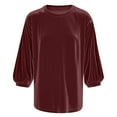 thumbnail image 3 of Fesfesfes Women's Satin Blouse Summer Fashion Loose Cropped Puff 3/4 Sleeves Round Neck T-shirt Velvet Solid Color Snug Shirt Blouse, 3 of 5