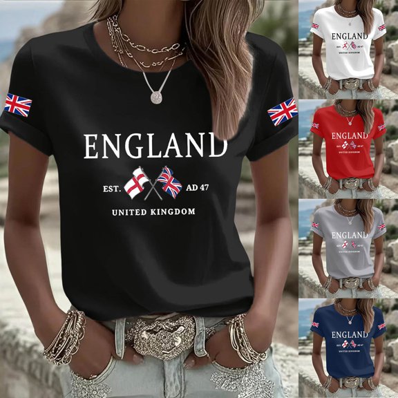 Women Blouses Short Sleeve Shirts British Print Crew Neck T Shirt Casual Tee Top Ladies Fashion Trendy Blouse L