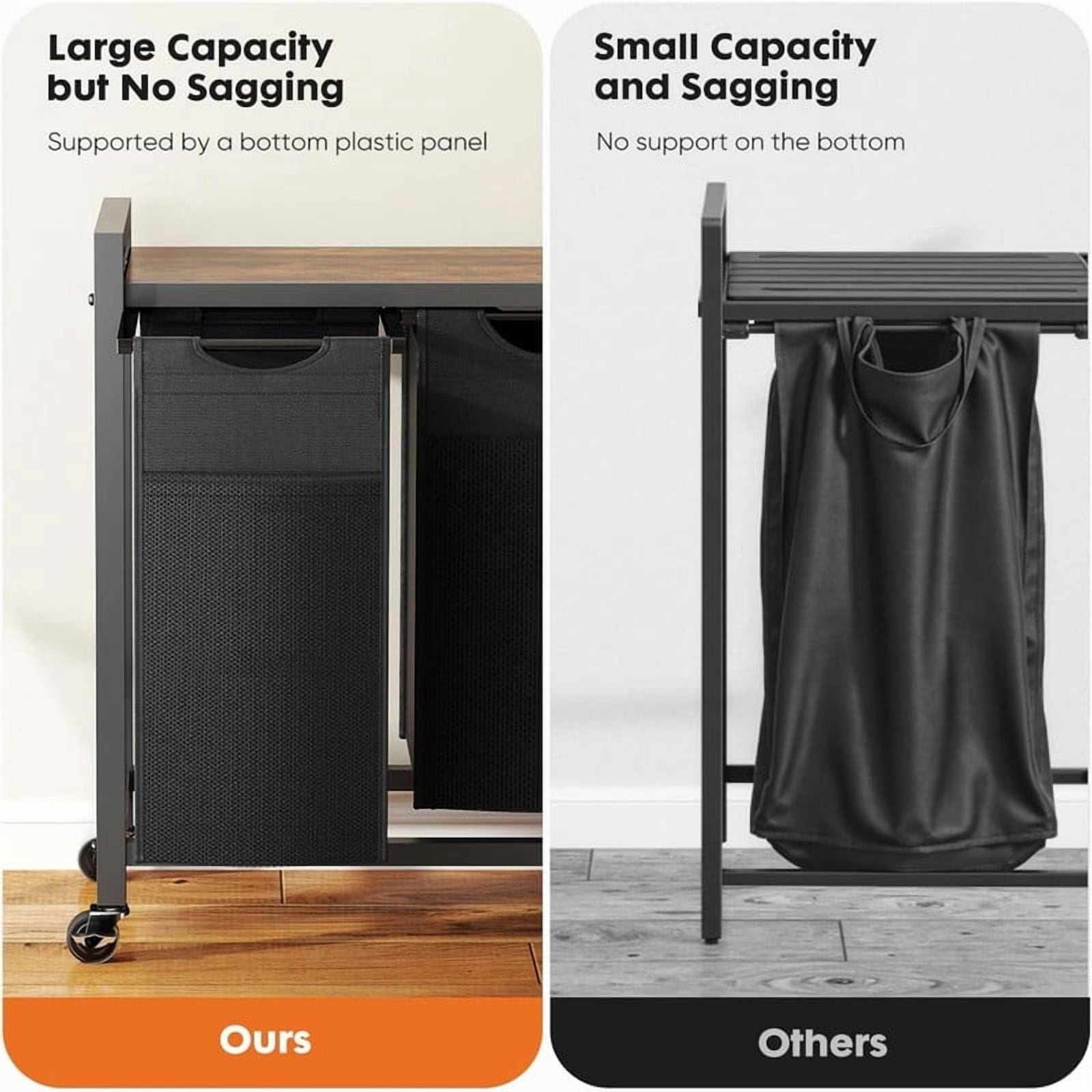 Kelno Laundry Sorter Rolling Laundry Basket with 3 Removable Bags Lockable Wheels Top Shelf, Black