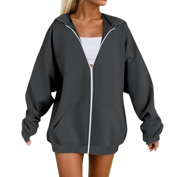 Womens Zip Up Hoodies Plus Size Long Sleeved Solid Hooded Sweatshirts with Pockets Fall Winter Trendy Casual Warm Jackets