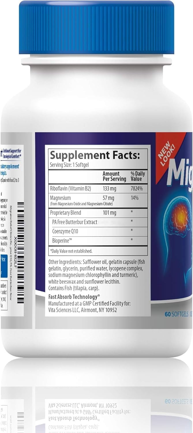 Vita Sciences Migravent, Support Supplement with Butterbur, CoQ10, Magnesium, Riboflavin, 60 Softgels