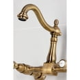 thumbnail image 4 of Kingston Brass KS1263TAL Tudor Double-Handle Wall-Mount Bridge Kitchen Faucet, Antique Brass, 4 of 7