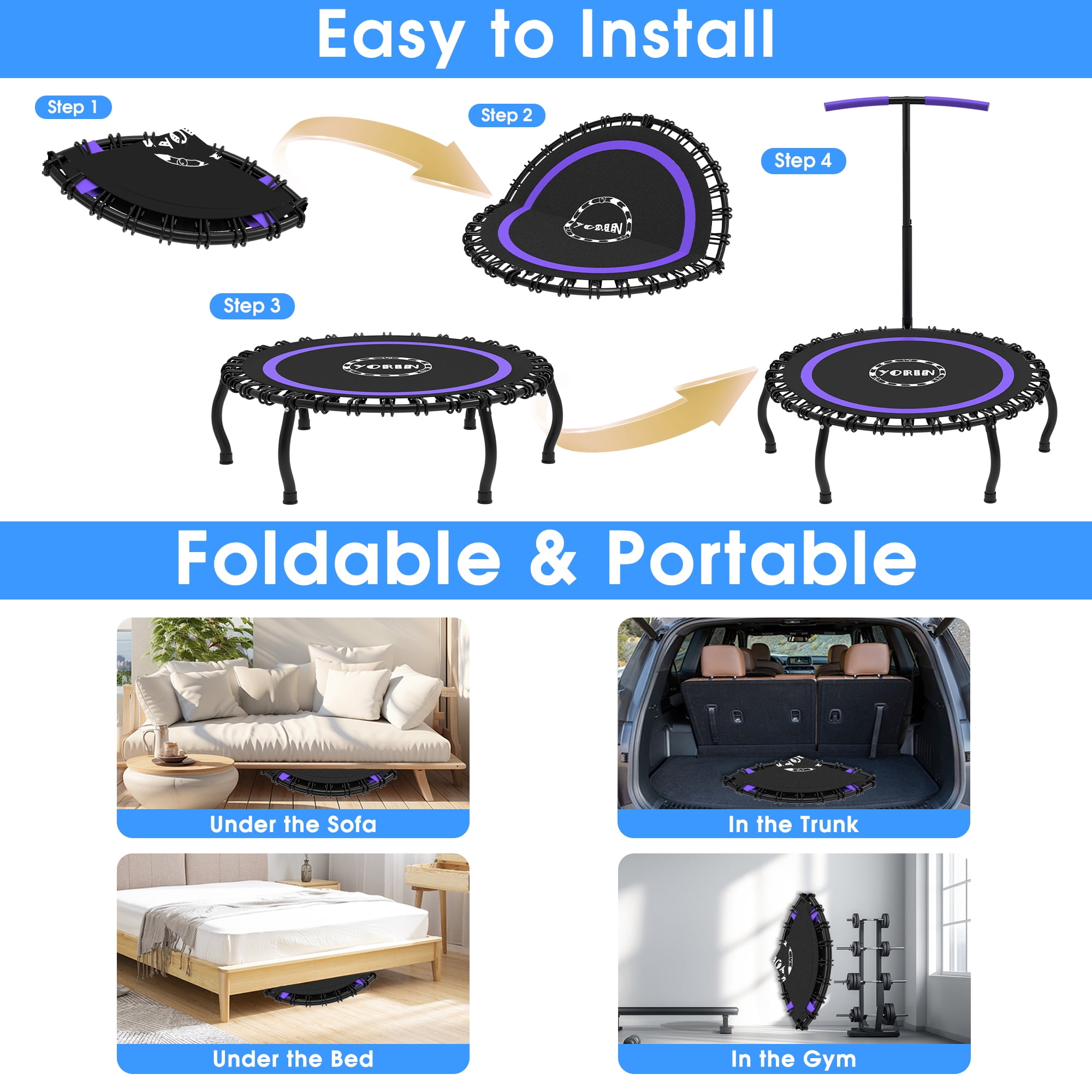 YORIN Rebounder Foldable Trampoline for Adults, 330LBS Fitness Indoor Trampoline, 50" 40" 48" Mini Exercise Trampoline with Bungees, 3 Level Adjustable Foam Handle Bar, Stable Quiet Small Trampoline