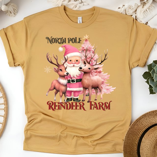 North Pole Reindeer Farm T-Shirt | Santa and Reindeer Graphic Tee, Gold, Size L