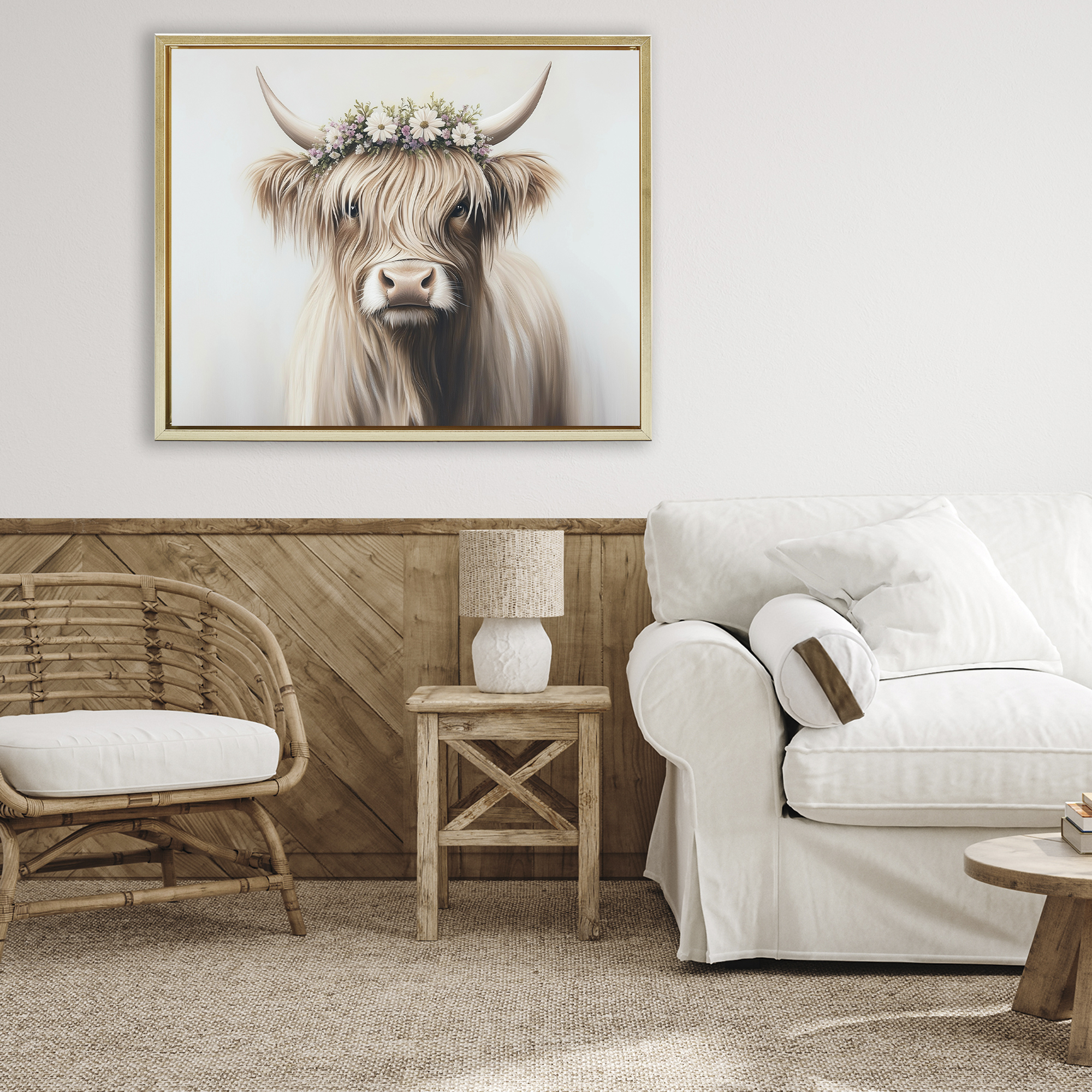 Shaggy Cattle Floral Crown Gold Framed Floater Canvas Wall Art, design by Shawna Stewart