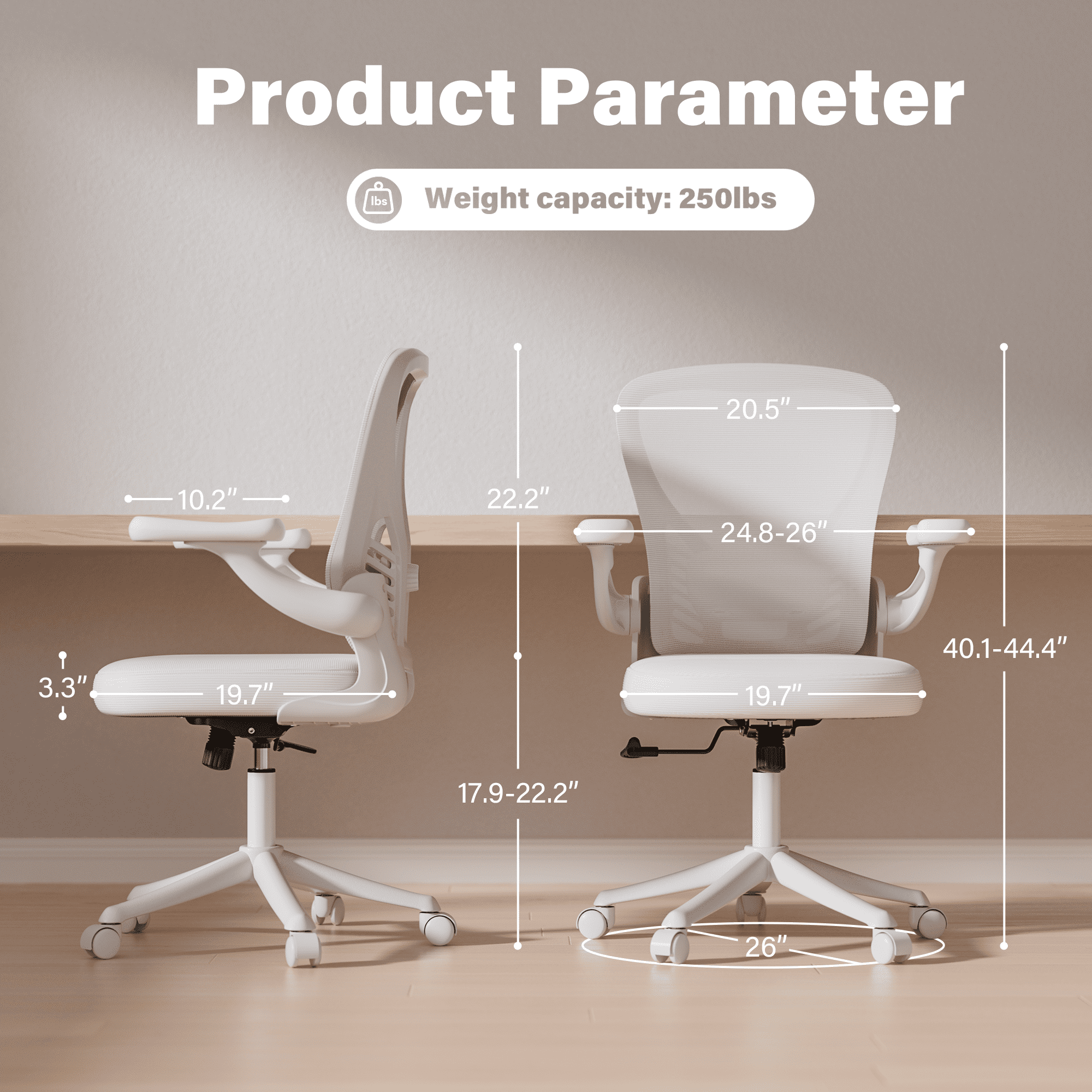 Solfway White Mesh Office Chair, Ergonomic Desk Chair with Adjustable Lumbar Support, 3D Flip-up Arms, Wheels, Rocking Function