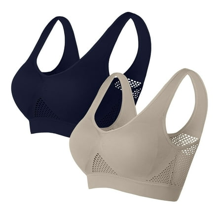 UTSJKR Women s 2 Pack Seamless Wireless Sports Bras Wirefree Gathering Breathable Mesh Yoga Bras Workout Bras Activewear Comfortable Push Up Bra Khaki XXL