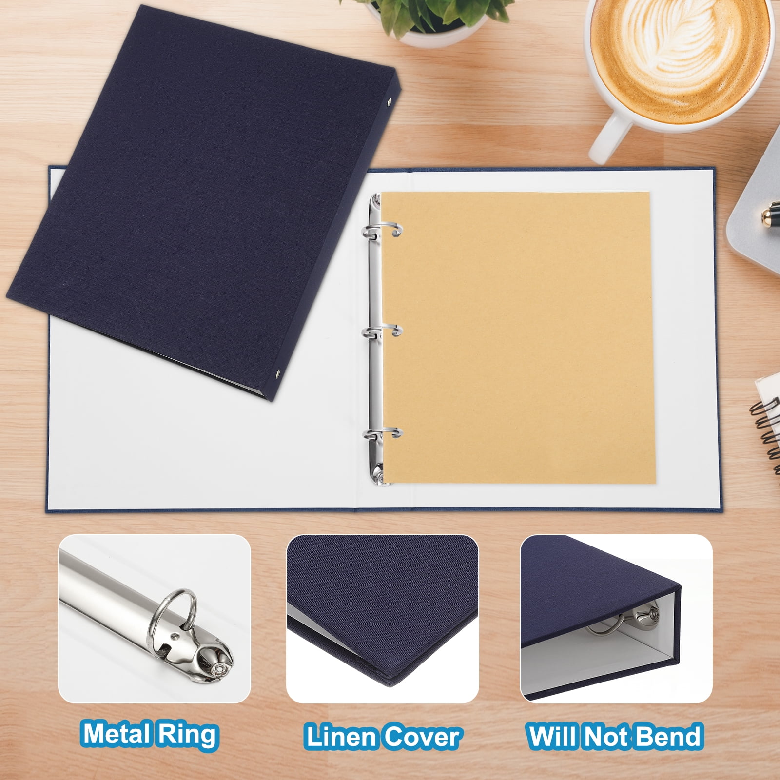 Uxcell 3 Ring Binder, A4 Size Flexible Round Binder Big Capacity Linen Planner Binder for Business Home Classroom, Blue