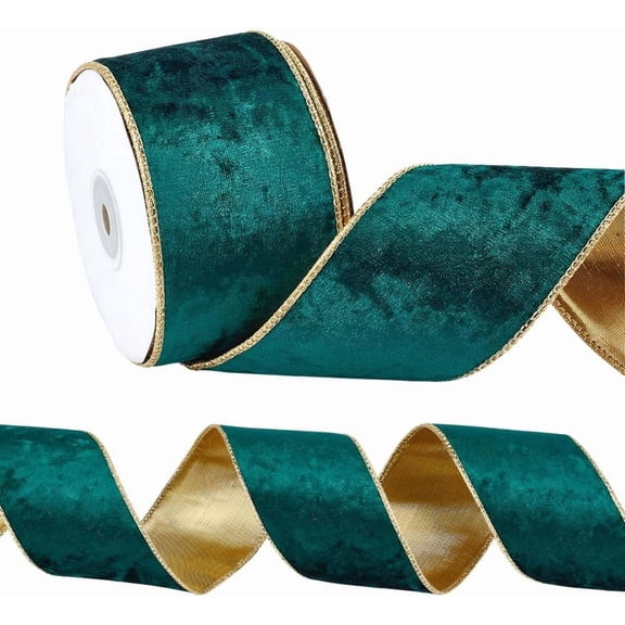 10 Yards Green Velvet Wired Ribbon 2-1/2 inch Golden Edges Emerald Green Crushed Velvet Christmas Ribbon