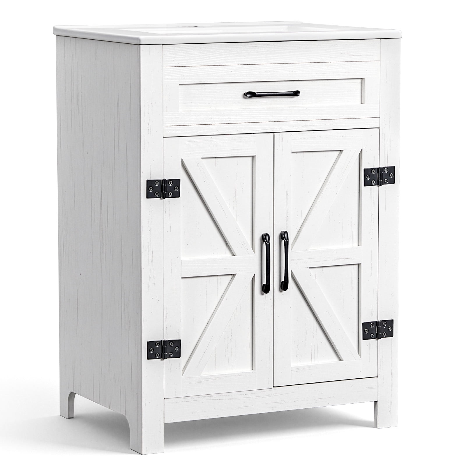 Ktaxon Farmhouse 24'' Bathroom Vanity Set with Sink Ceramic Top, Washed White (Split Two Packages for Delivery)