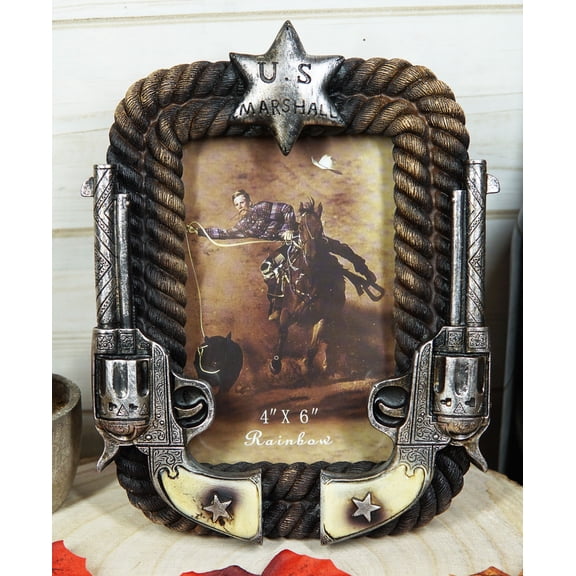 Western US Marshall Badge Revolver Pistols And Ropes 4"X6" Photo Picture Frame