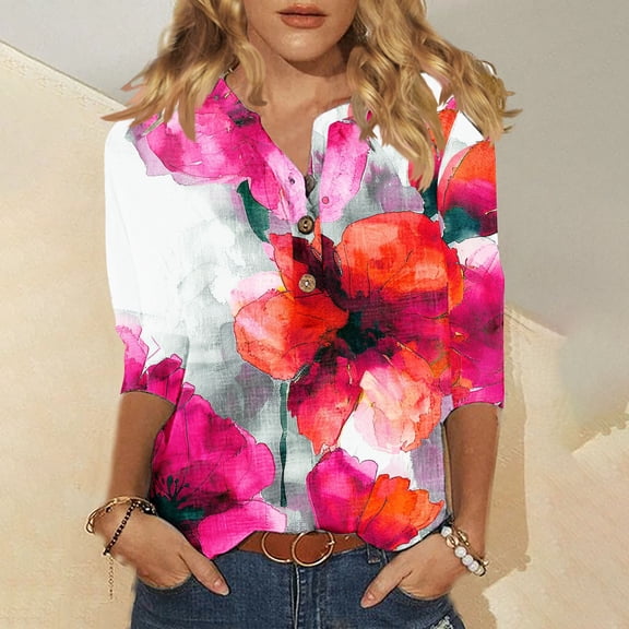 Inverlee Womens Cotton Linen 3/4 Sleeve Tops Boho Floral Print Button V Neck Tunic Shirts Trendy Casual Loose Fit Summer Blouses