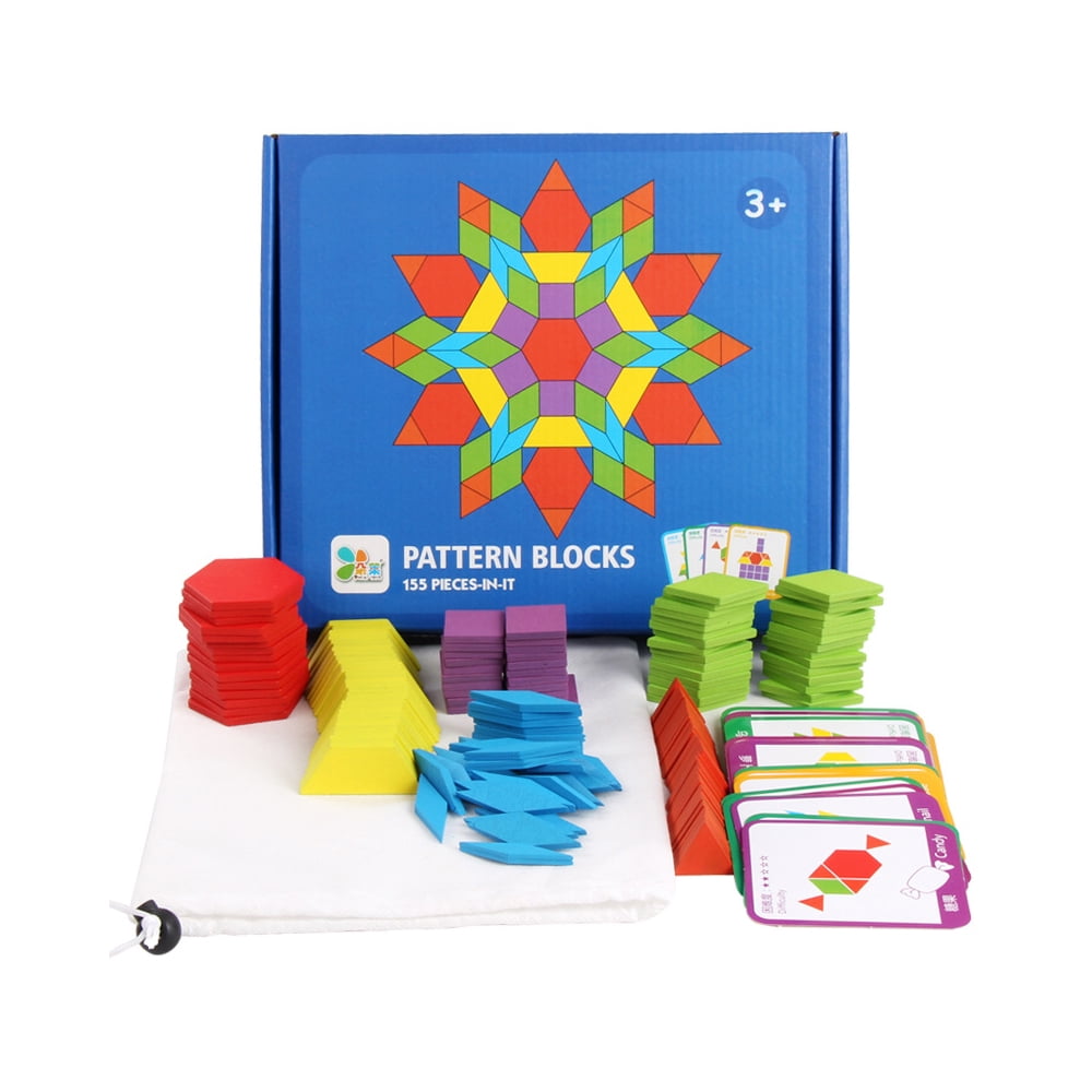 155 Pieces Wooden Pattern Block Geometric Shape Puzzle Early Education Montessori Toy with Design Cards for 3+ Years Old Kids Preschooler