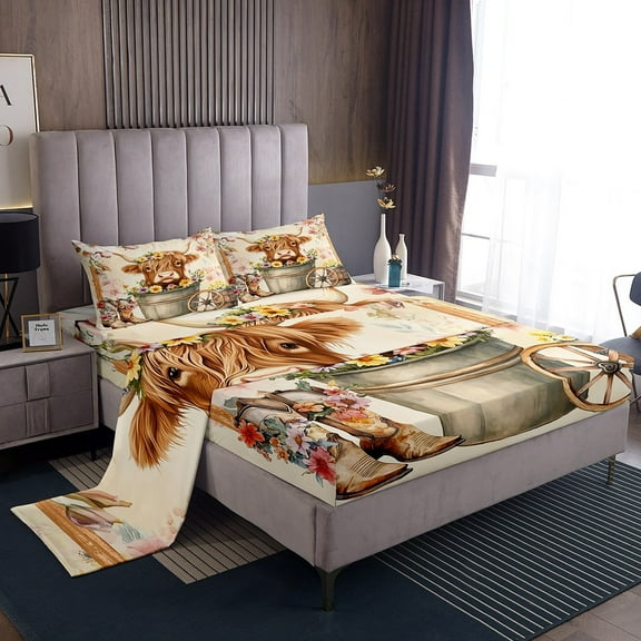 Erosebridal Kawaii Highland Cattle Bed Sheets Twin , Western Cowboy Cowgirl Boots Bedding Sets Twin Size, Colorful Flower Room Decor 3pcs