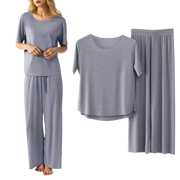 Fall Pajamas For Women Set 2 Piece Short Sleeve Sleepwear Tops And Elastic Waist Long Pants Soft Pj Loungewear Sets