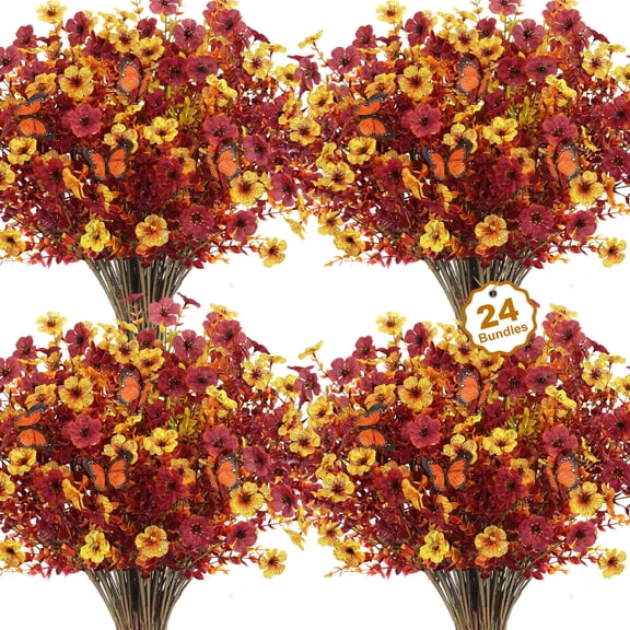 AcerichFad Artificial Fall Flowers Outdoors, 24 Bundles Autumn Faux Plants Fake Silk Flowers with Butterflies Fall Decorations for Home Outside Yard Garden Porch Patio, Red Orange