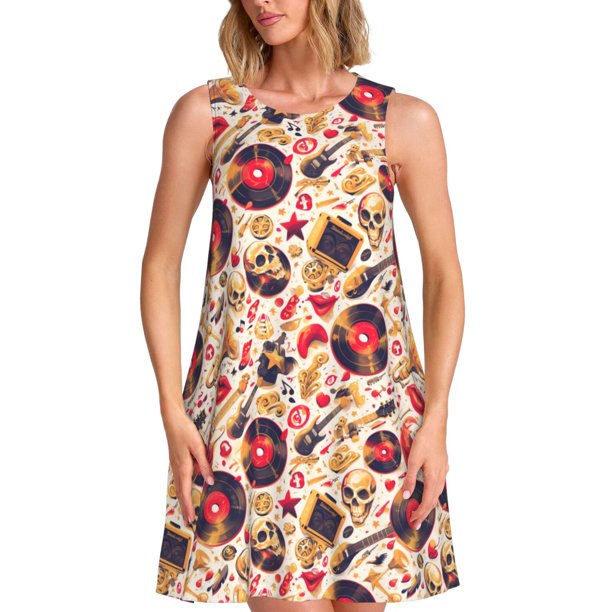 Fotbe gold Skull Guitar record Vestido de Verano sin Mangas para Mujer – Vestido Midi Línea A, Estilo Camiseta Floral, Vestido Playero Casual y Fluido