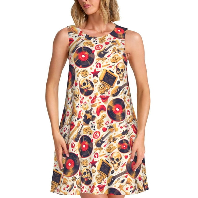 Balery Motif Guitare Crâne Doré Robes d'Été pour Femmes – Robe d'Été Sans Manches Ample, Décontractée et Confortable Robe de Plage pour Jours Chauds