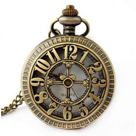 Retro Antique Bronze Skull Shaped Pocket Watch with Lobster Clasp Chain