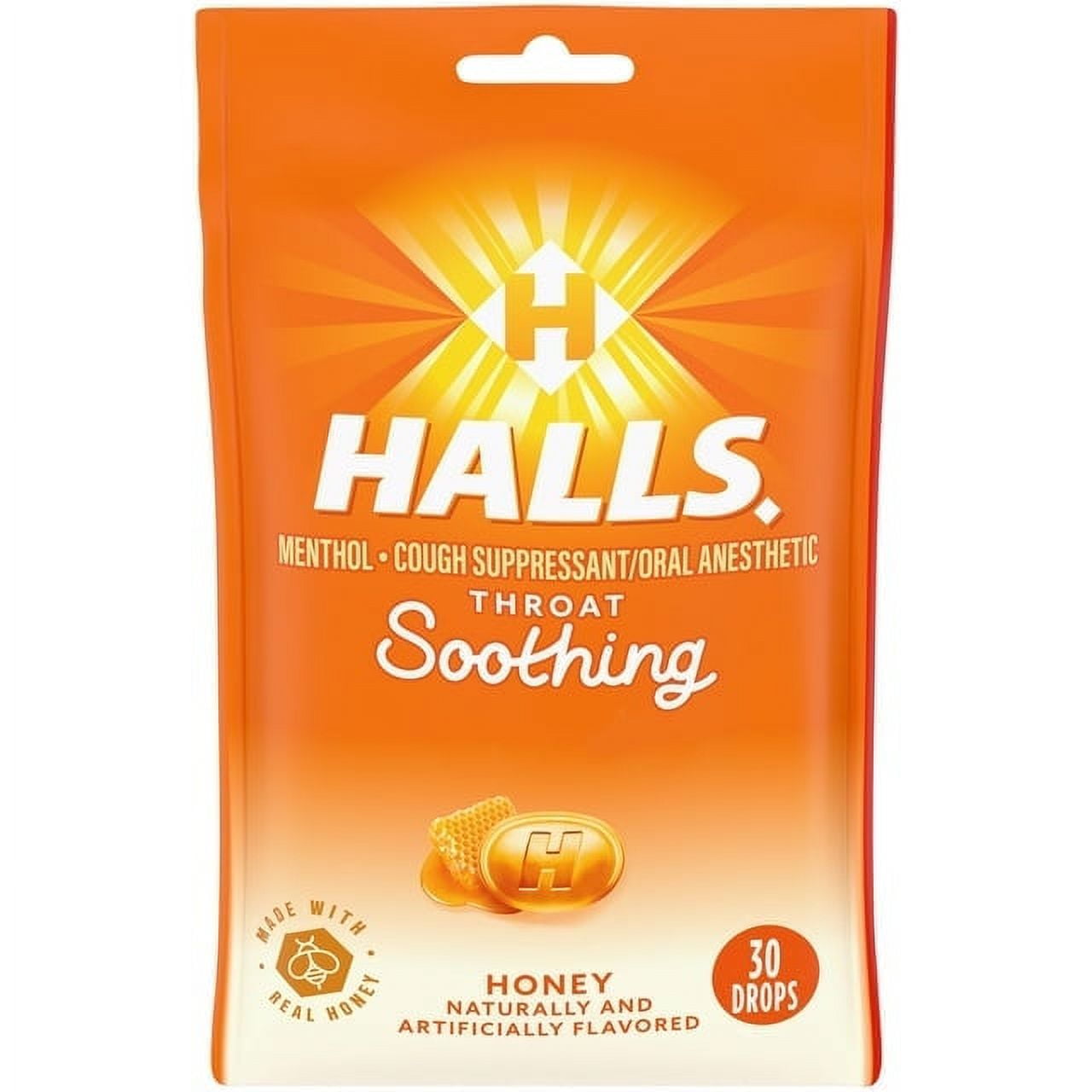 Halls Soothe Cough Suppressant & Sore Throat Menthol Relief, Honey, 30ct